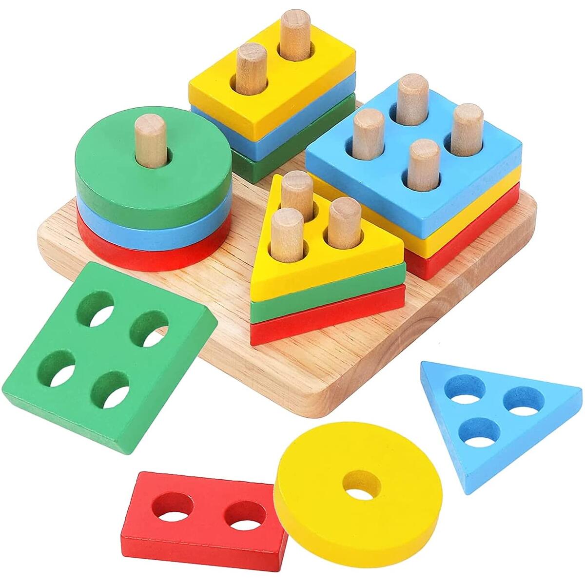 Wooden Stacking Montessori Toys by Boxiki Kids. Colorful Shape Sorter Stacker. Baby Wooden Toys for Early Development & Fine Motor Skills, Toddler Puzzles for 1 2 3 Years Old Boys & Girls (Geometric)