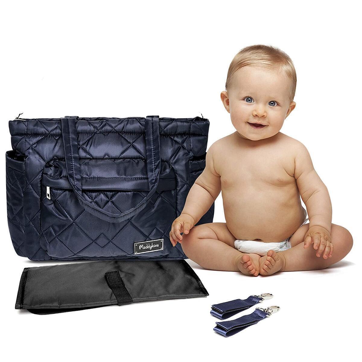 Stylish Quilted Diaper Tote Bag – Gender Neutral Travel Bag and Portable Changing Pad to Carry Baby Stuff and Parent Essentials with Laptop Pocket, Shoulder Strap, 2 Stroller Straps by Maddykins, Navy
