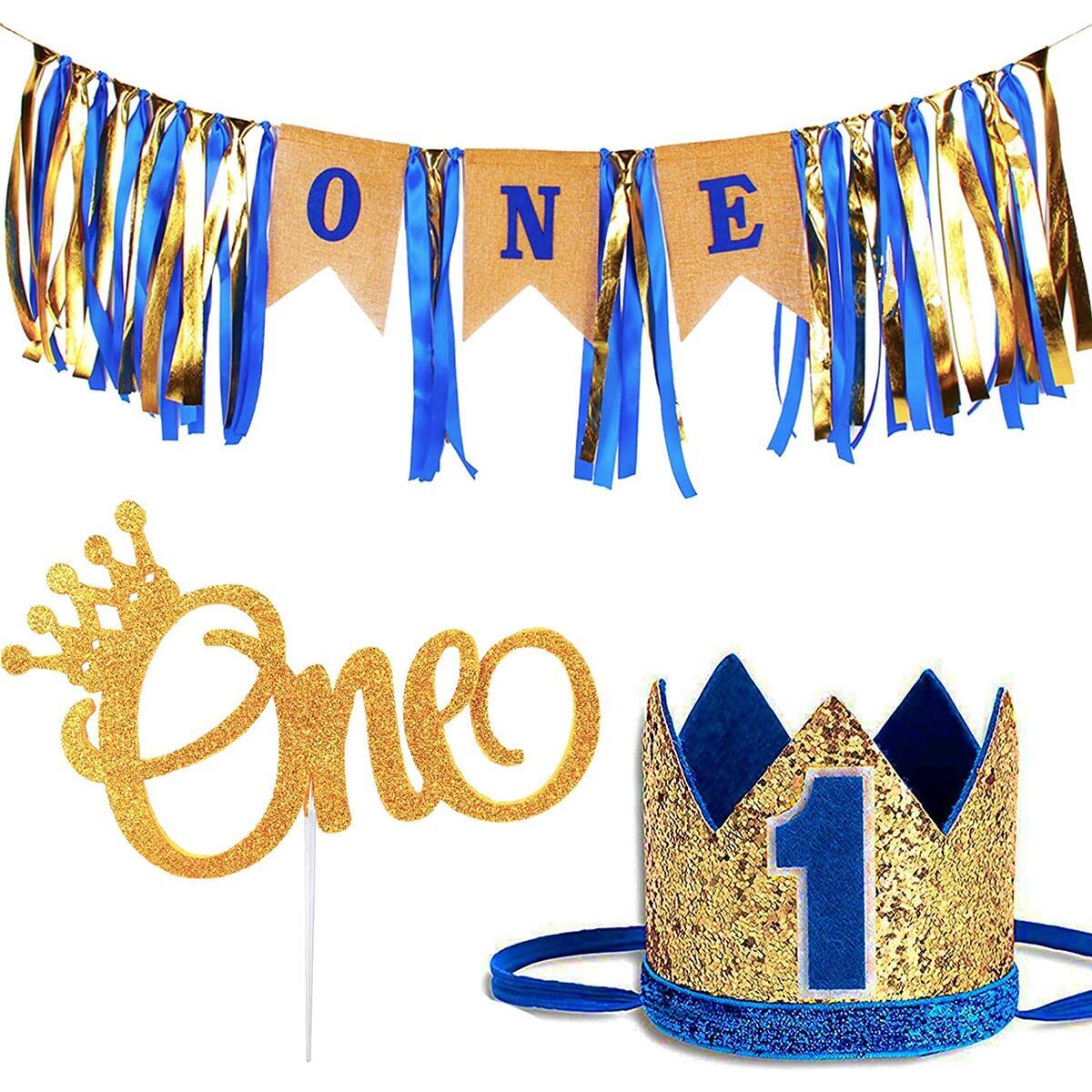 1st Birthday Baby Boy Royal Decorations - Boys Highchair Burlap Decoration Supplies Set, First Blue Prince Crown Hat, ONE Glitter Gold Cake Topper - Double Sided with Crown | Smash Party Decor Kit