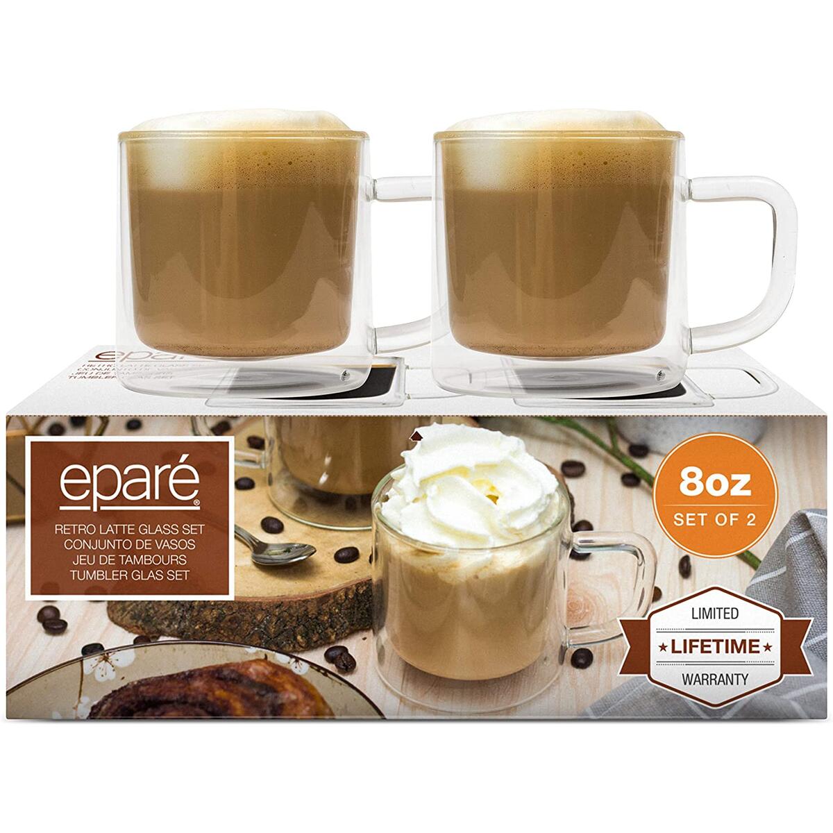 9 oz Latte Glasses - Set of 2 - Clear Double Wall Cup Coffee Glassware with Handle - Espresso Macchiato Cappuccino or Tea Insulated Mugs by Eparé