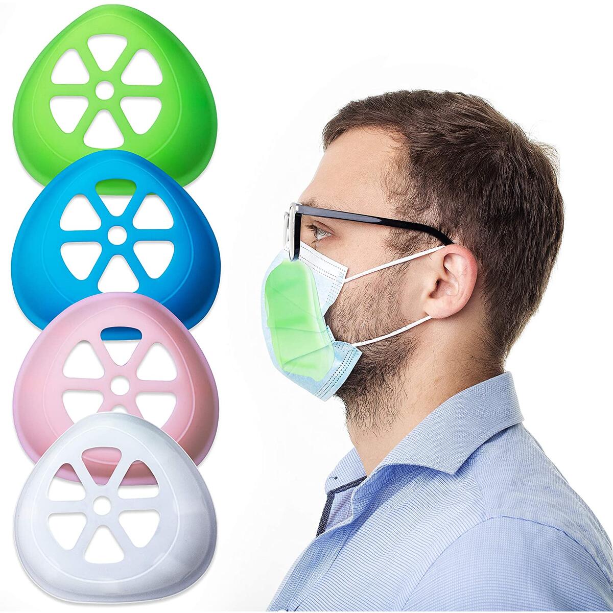 3D Silicone Face Mask Bracket for Comfortable Breathing | Internal Frame Support for Adults and Kids | Lipstick Protector for Women | 4 Cool, Soft and Washable Brackets — White, Blue, Pink, Green.