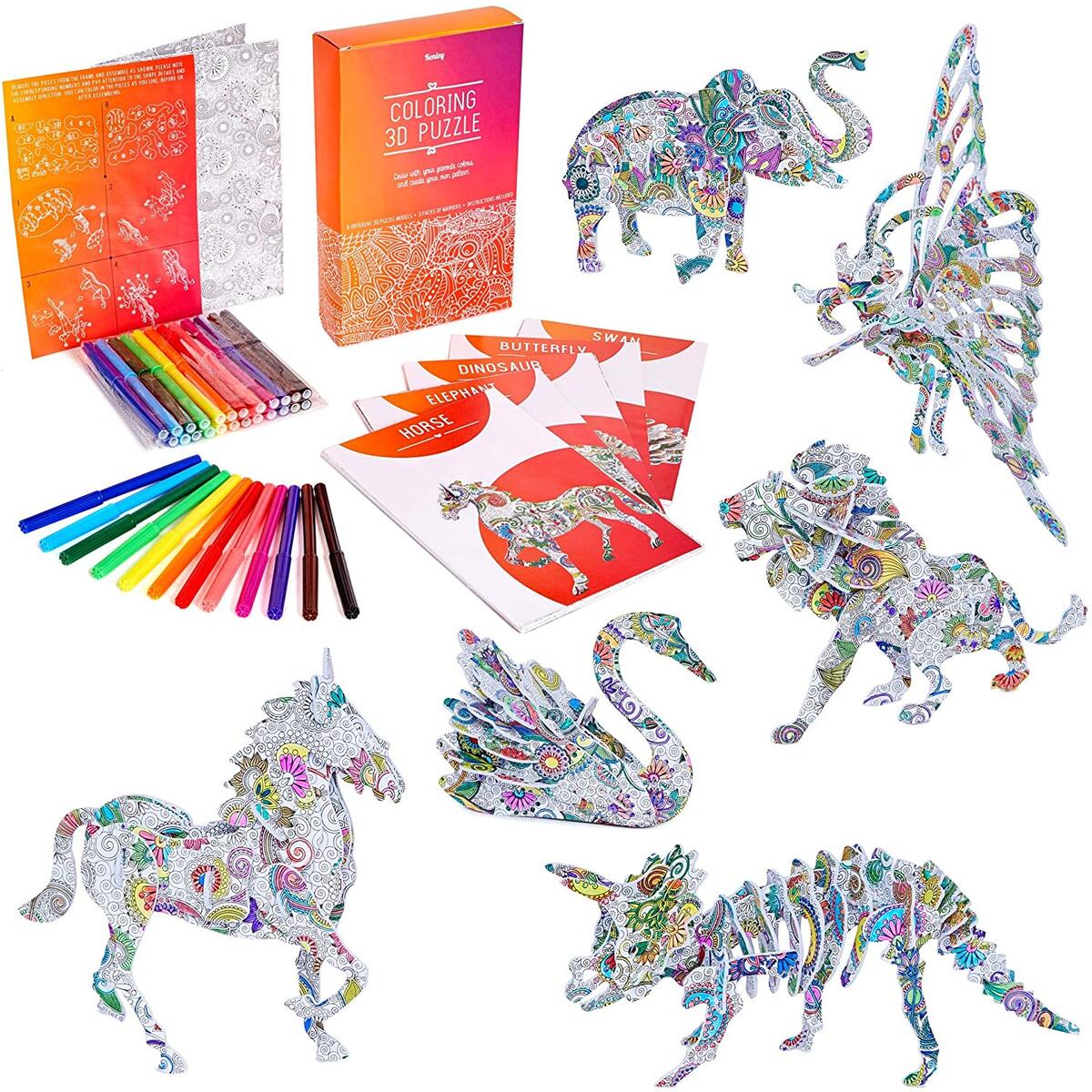 Puzzles for Kids 3D - Puzzle Gift Set for Coloring with 6 Animals - Arts and Crafts for Girls and Boys Ages 7 8 9 10 11 12 - Fun Art Creative DIY Project Kit - 6 Pack with Pen Markers