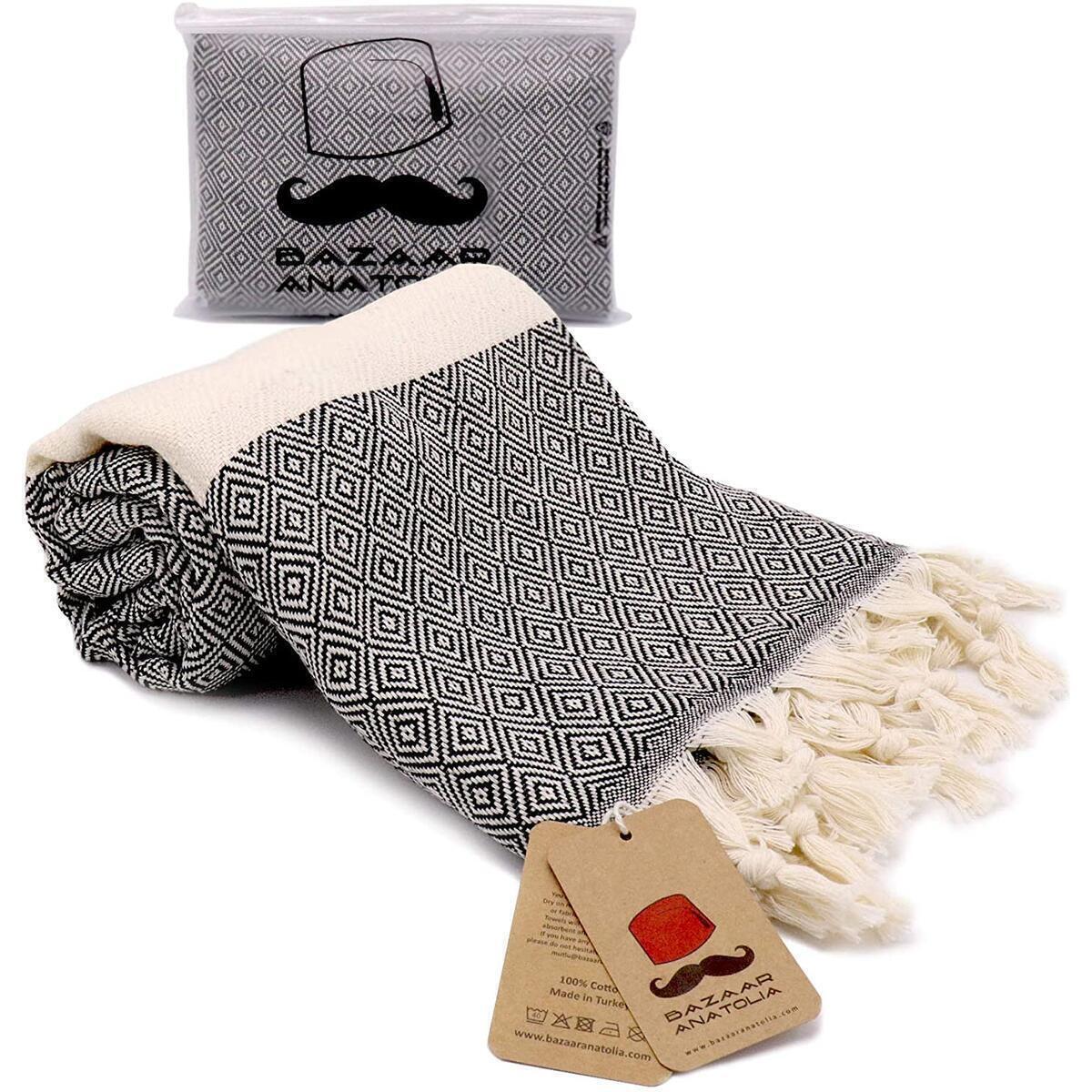 Diamond Turkish Towel 100% Cotton Beach Towel 77x38" (BLACK)