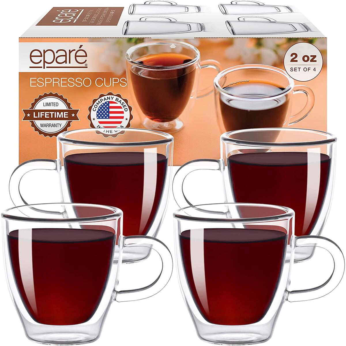 2 oz Espresso Glasses - Set of 4 - Single Shot Cup - Double Wall Italian Demitasse Cups - Clear Insulated Cappuccino or Cafe Mug with Handle by Eparé