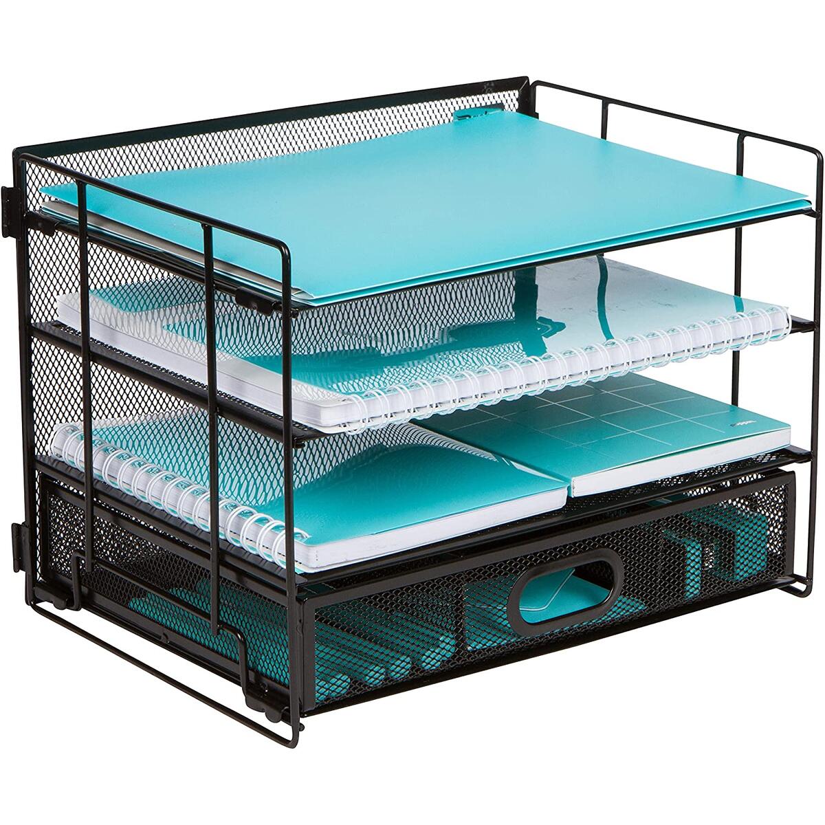 Mesh Office Organizer for Desk – Desk Organizer with 4 Tiers and Sliding Drawer