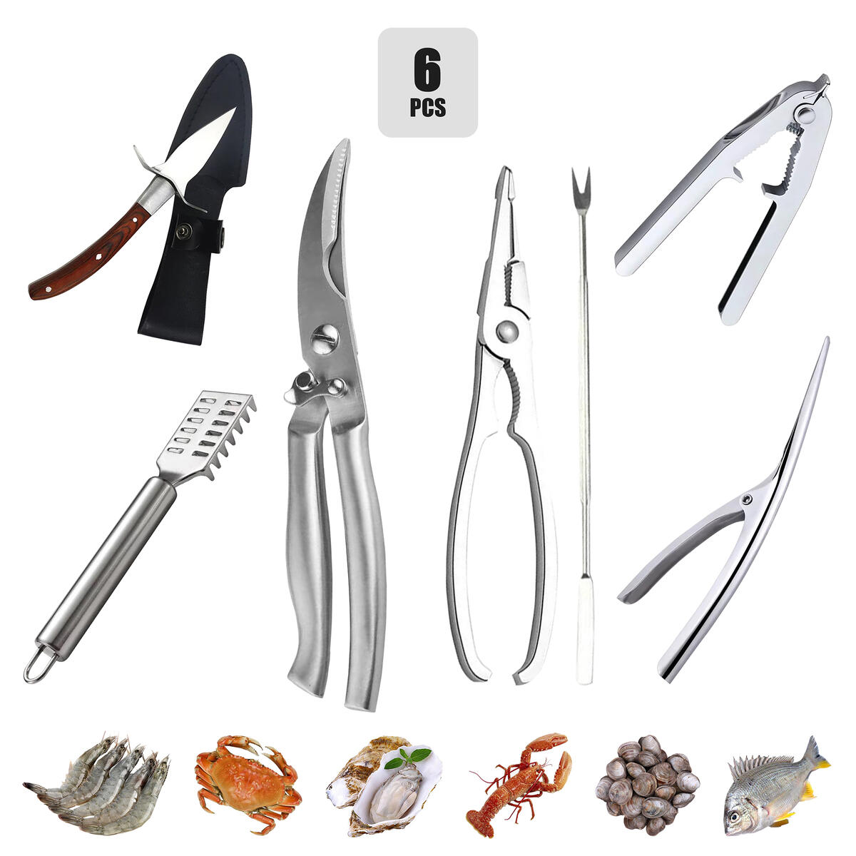 Professional Upscale Stainless Steel Seafood Tools 6pcs Set-1pcs Shrimp Prawn Peeler,1pcs Fish Scaler,1pcs Oyster Knife Shucker,1pcs Crab Cracker,1pcs Clam Opener,1pcs Seafood Scissors Lobster Shears