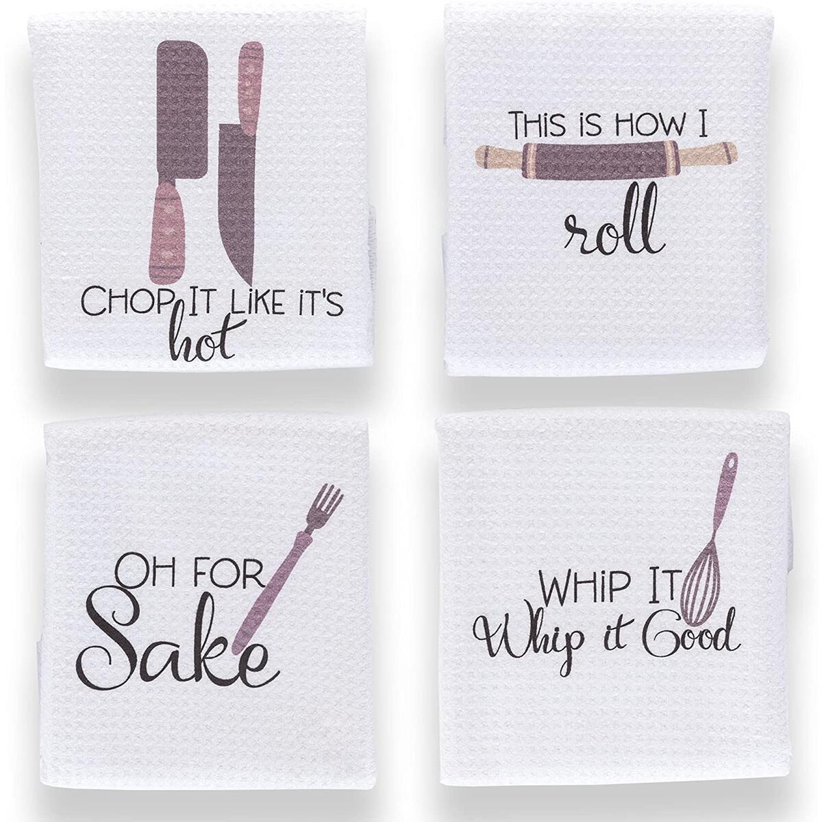 Aller Home&Kitchen Funny Kitchen Towels with Sayings. 4pc Kitchen Towel Set, Fun Pun Gadget Design - Waffle Weave Towel, Decorative Funny Dish Towels for Mom. Cute Kitchen Towels for Gifts