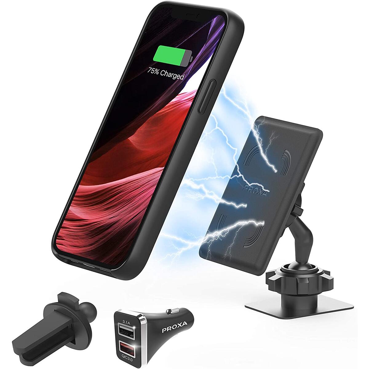 PROXA Magnetic Wireless Car Charger with 6.7 inch Case Designed for iPhone 12 Pro Max[MagSafe Compatible]&Dual Installation Mount&Dual Port QC 3.0 Car Adapter-Compatible with iPhone 12 Pro Max