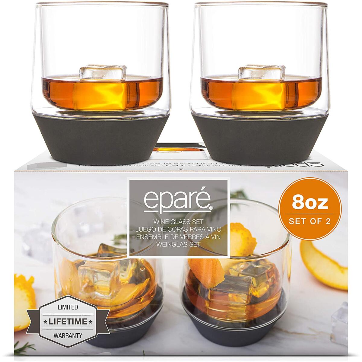 9 oz Whiskey Glasses - Set of 2 - Rocks Tumblers for Old Fashioned Whisky - Spill Preventing Cocktail Glassware for Bar Gift - Silicone Base by Eparé
