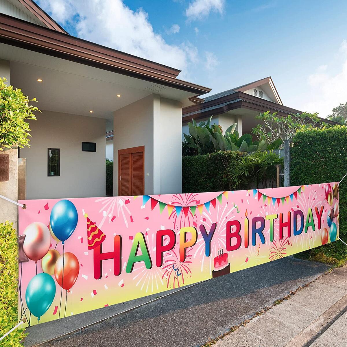 VUDECO Happy Birthday Yard Sign Happy Birthday Yard Banner Colorful Outdoor Decorations - Large 118" x 19.7" Birthday Party Decorations Yard Sign - Birthday Party Outdoor & Indoor Hanging Banner Pink