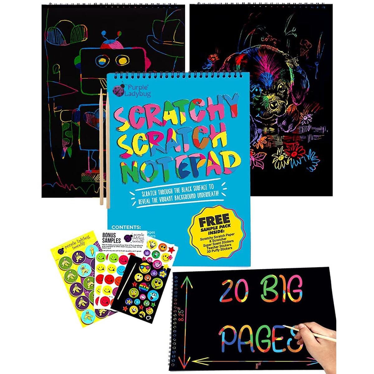 Purple Ladybug 20 Big Sheets of Rainbow Scratch Off Art Paper in a Notepad for Kids - Cool Birthday Gift Idea for Girls, Boys, & Teens - Great Craft Kit for Fun Airplane or Road Trip Activities