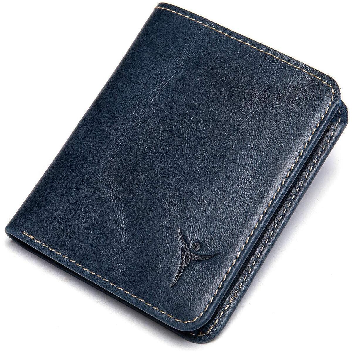 Genuine Leather Wallets for Men Bifold | Vintage Style Minimalist Bifold Mens Wallet/Card Holder with RFID Blocking Card in Gift Box (Vertical Style Wallet - Blue)