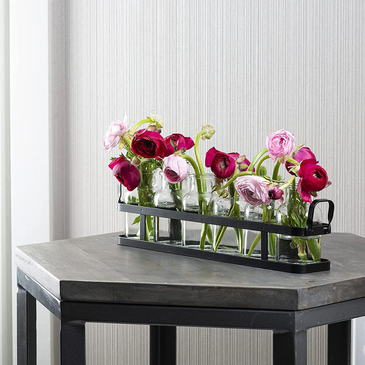 6pc glass flower vase with metal holder, best vases for flowers, set for home decor, wedding decorations, table decor, kitchen, bathroom, bedroom, shelf decor, best modern vase for flower arrangement.