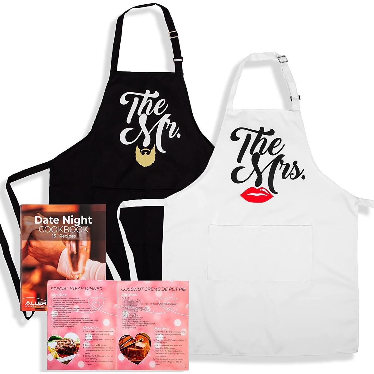 The Mr and The Mrs His and Hers Aprons - One-Size-Fits-All Mr and Mrs Aprons with Date night Cookbook - Funny Aprons for Couples, Bridal Showers, Weddings, Engagement Parties & Anniversaries