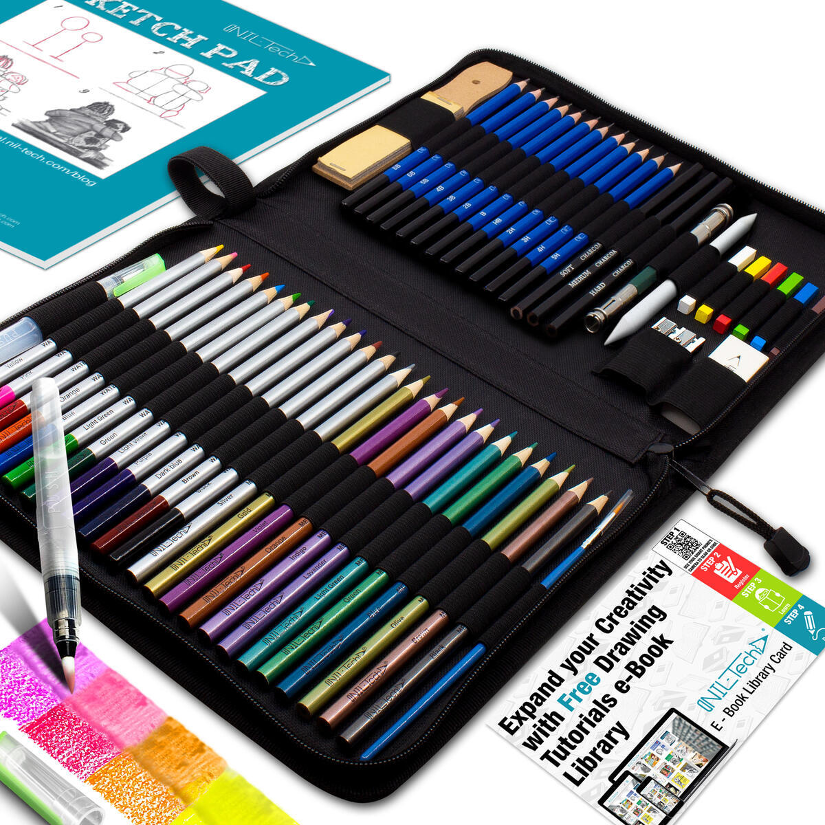 54 - Piece Watercolor Pencils and Sketching Pencils Set with FREE Digital Library Drawing Tutorials.